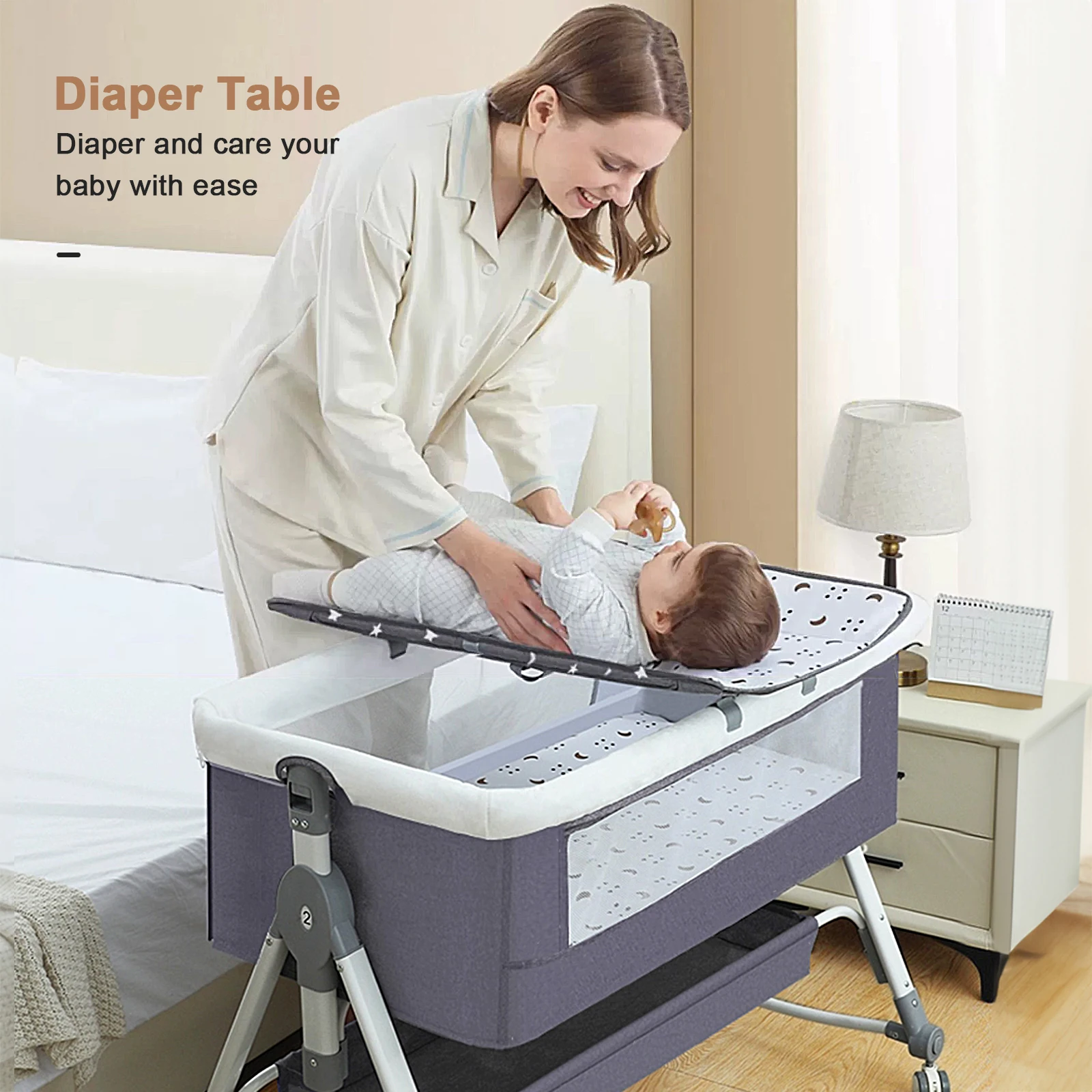 Baby Crib Portable Splicing Cradle Bed Foldable Height Adjustable Movable Bedside Swing Bed Bassinet With Wheels,Mosquito Net