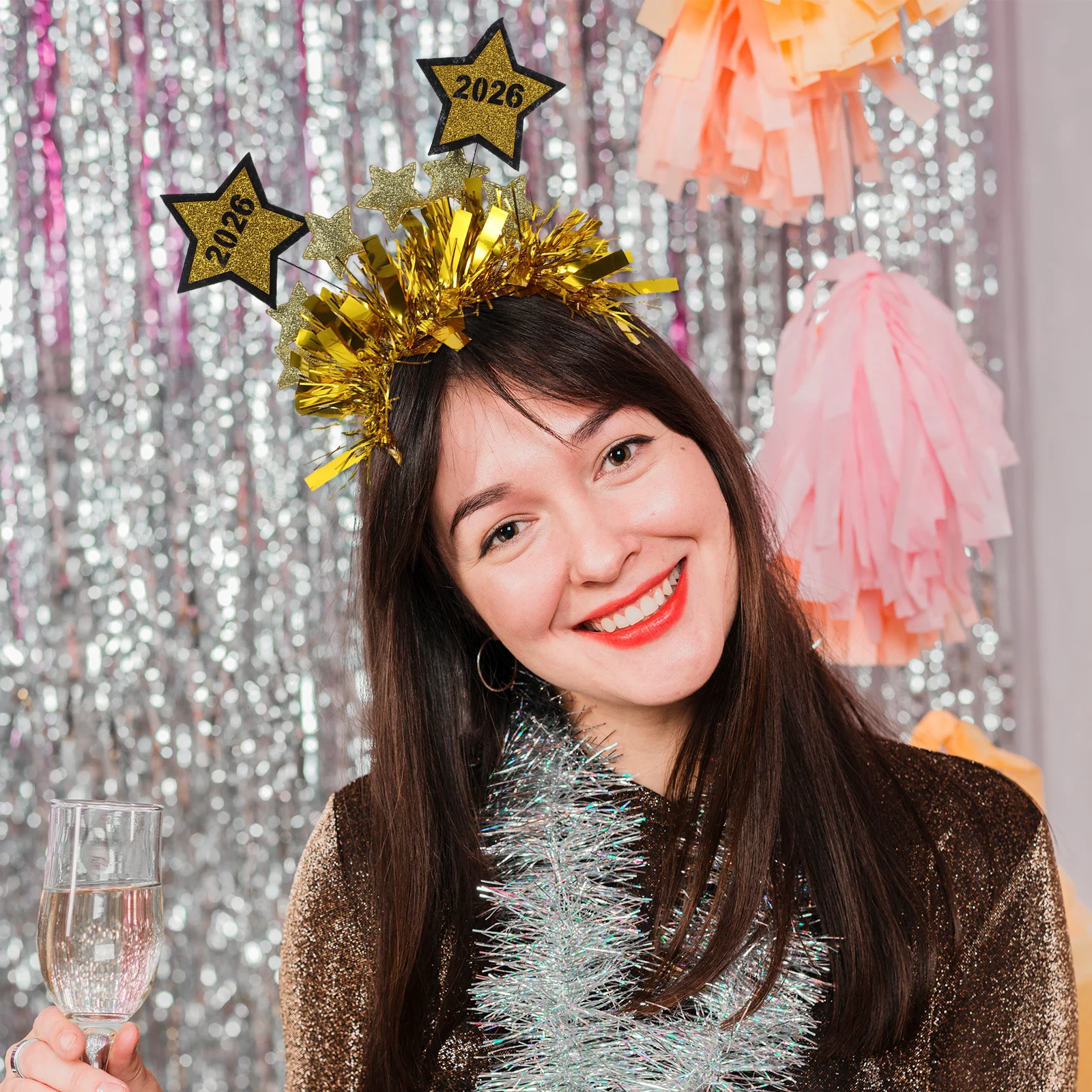

2026 New Year Party Headband Star Decoration Happy New Year Hair Hoop Holiday Hair Ornament Women Silver Glitter Headbands