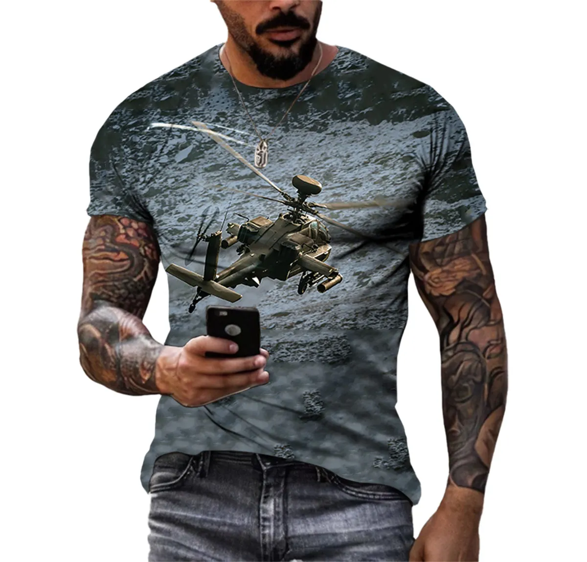 Apache Gunship New Summer Muscular Tough Guy Men\'s T-shirt Street Fashion Short Sleeve Army Fan Outdoor Quick Drying 3d Blazer