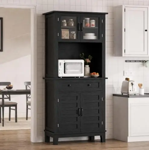 Coffee Bar Cabinet with 2 Glass Doors, Farmhouse 72'' Black Microwave Cabinet with Drawer, Tall Kitchen Hutch with