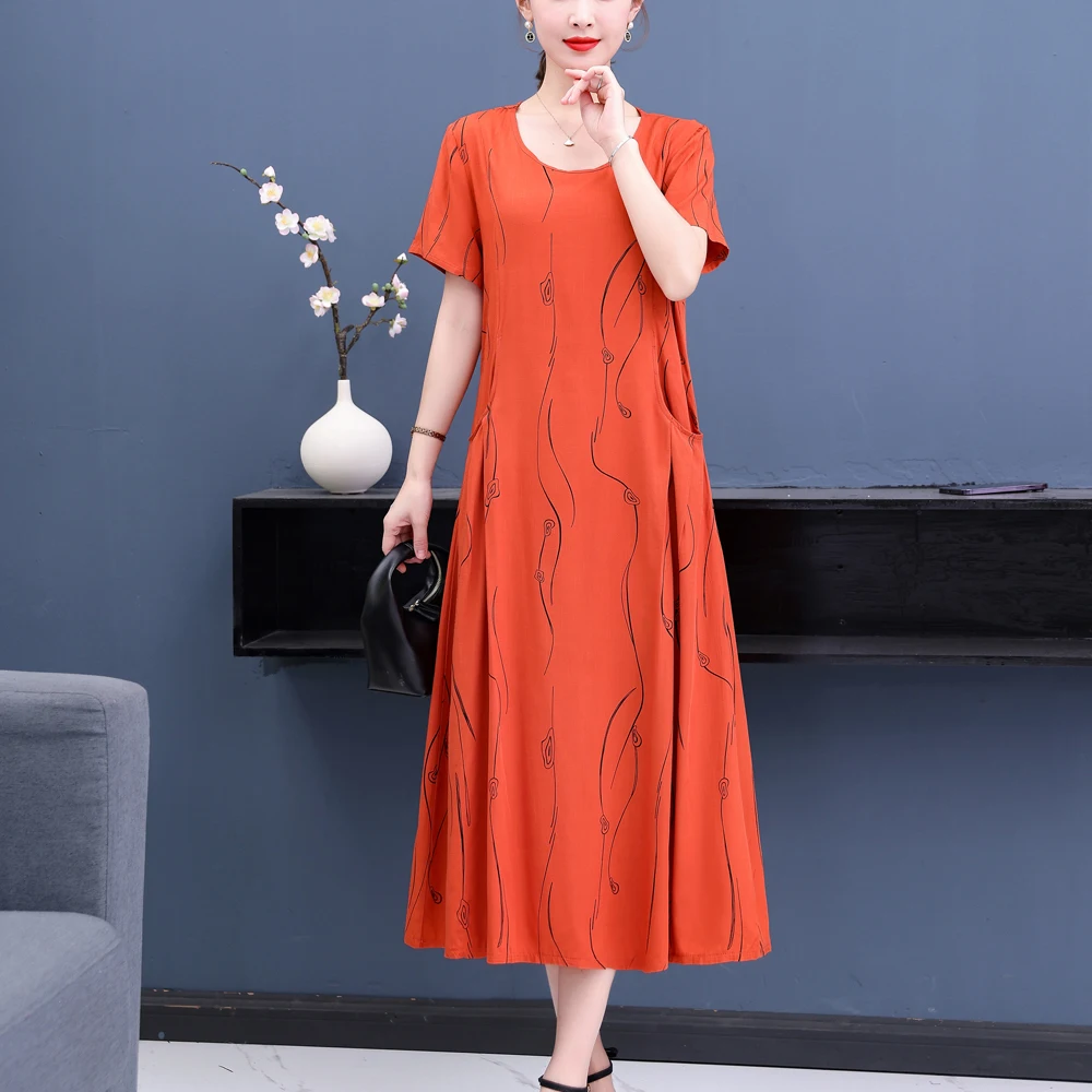 New Fashion Casual 2023 Summer Elegant Dresses For Women O-Neck Print Vintage Short Sleeve Dress Loose Women Clothing