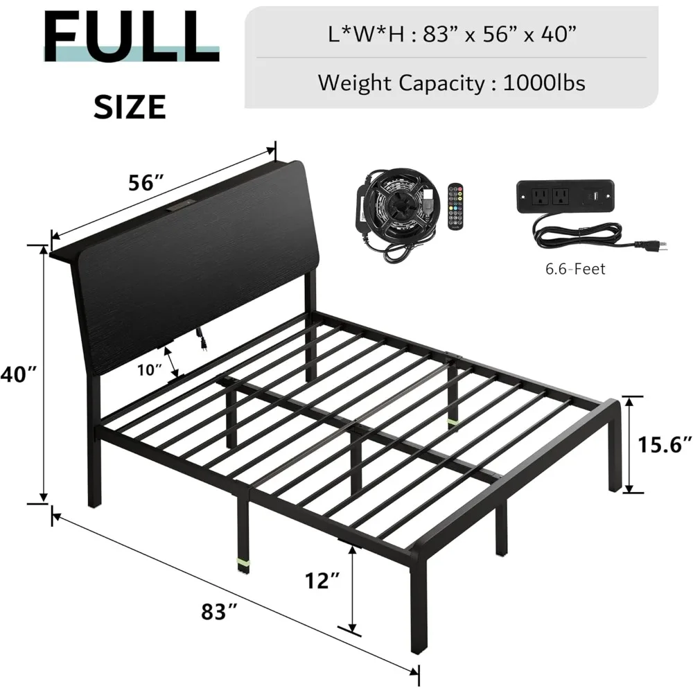 iPormis Full Size Metal Bed Frame with LED Lights & Charging Station, Platform Bed with Ergonomic Storage Headboard, Steel Slats