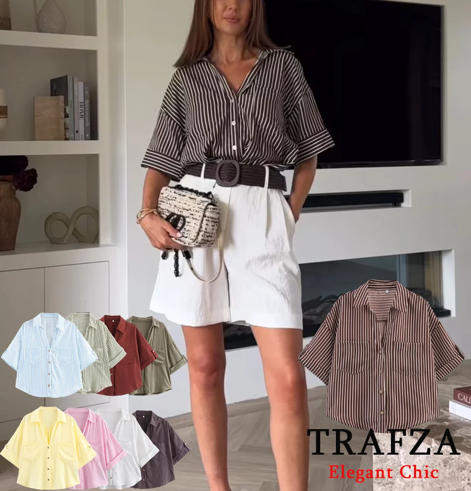

TRAFZA Casual Commute Loose Shirt Women V-Neck Buttons Half-Sleeve Shirt Solid or Stripe 2025 Spring Summer Vintage Casual Shirt