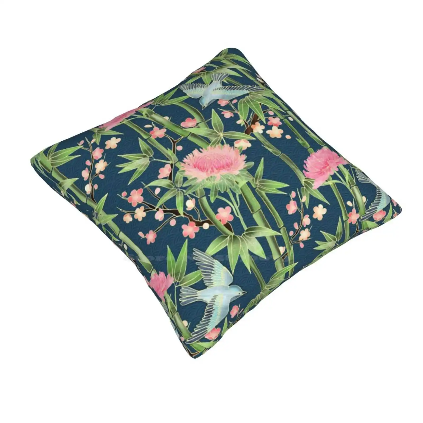 Bamboo , Birds And Blossom-Dark Teal Home Sofa Car Waist Throw Pillowcase Nature Garden Japanese Cherry Blossoms Bamboo Birds