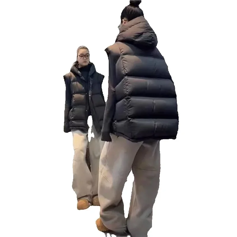 

Autumn Winter Down Cotton Waistcoat Women 2025 New Fashion Loose Hooded Vest Cotton Jacket Pure Colour Outerwear Female