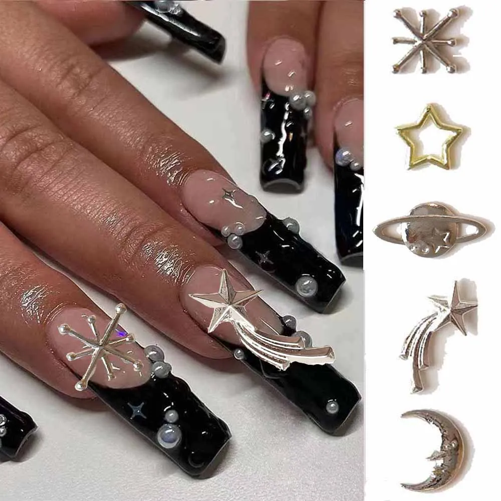 50pcs Alloy Metal Pentacle Nail Art Jewelry 3D Planet Moon Hollow Star Cosmic Series Nail Decoration DIY Luxury Nail Accessories