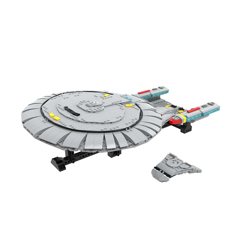 Circular Deep Space Exploration Ship MOC Brick Set Futuristic Flying Saucer Style Spacecraft with Support Bracket Assembled