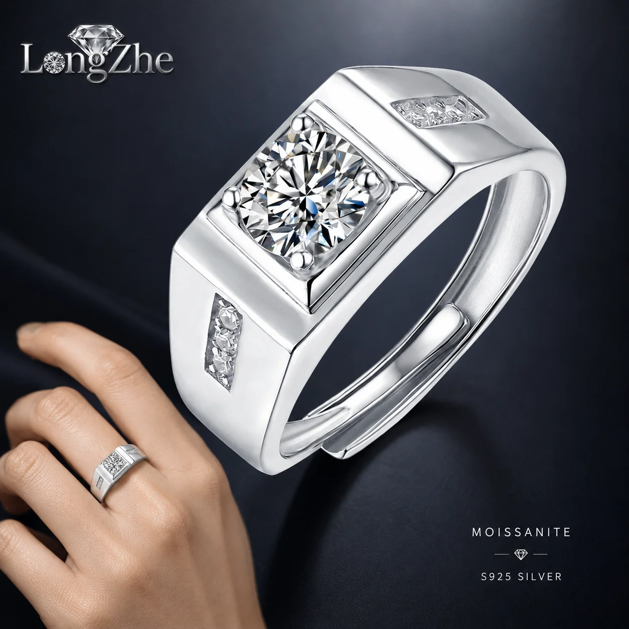 LongZhe Silver 925 Mens Moissanite Ring 1CT 6.5mm Round Cut Adjustable Ring with CZ Side Stone Fine Jewelry Gift Party Wedding