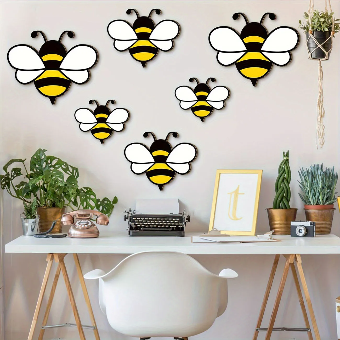 6Pcs Cute Bee Wooden Wall Stickers, Nursery Kids Room Wall Art Decor