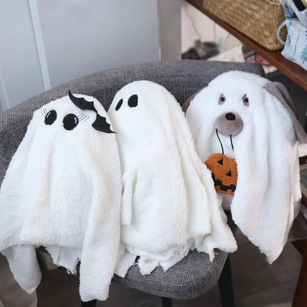 Confortável bonito fantasma cão travesseiro pp algodão macio halloween brinquedo de pelúcia presente branco filhote de cachorro sofá travesseiro quarto