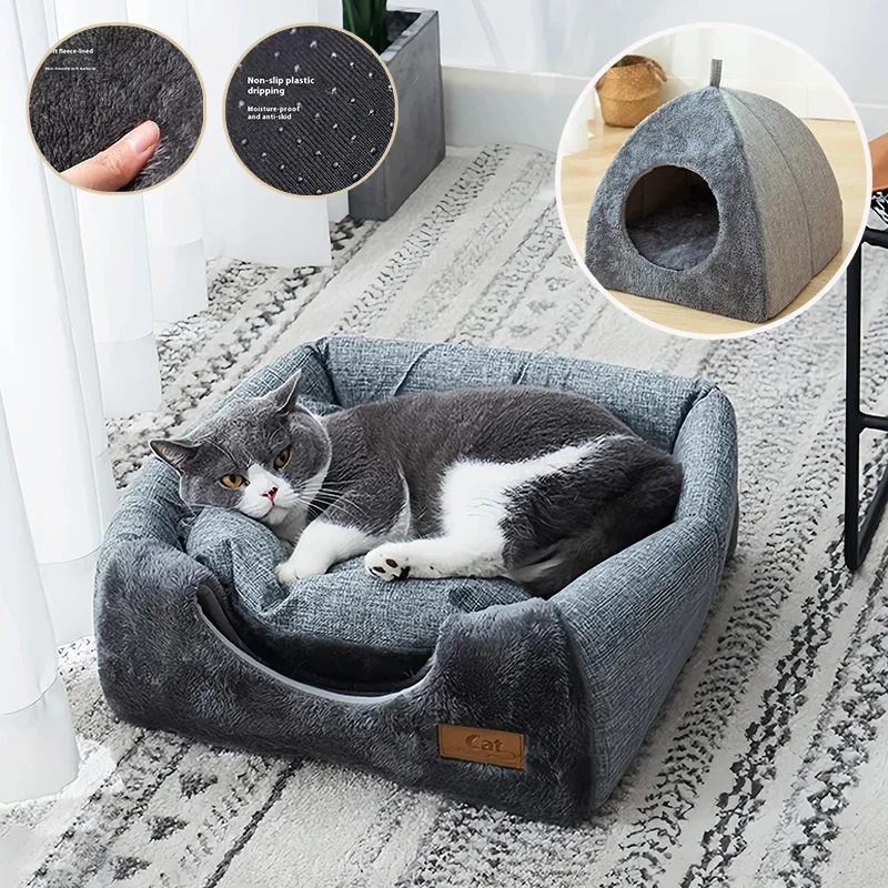 

S/M/L Soft Cat Bed Foldable Kitten House Semi-enclosed Indoor Cats, 2 in 1 Cat House with Removable Cushioned Pillow 라탄