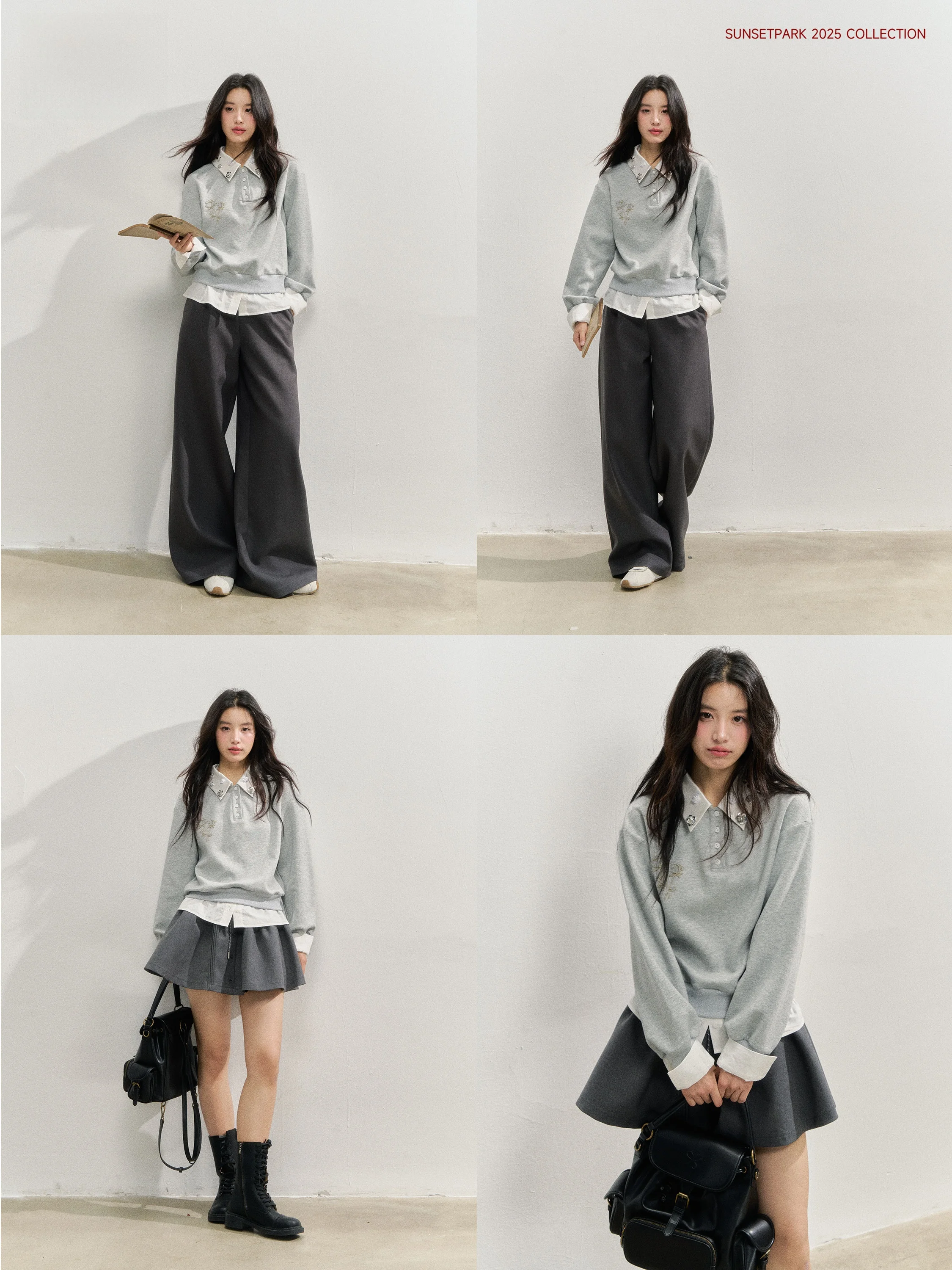 Original SunsetPark Gray Pink Rose Water Diamond Collar Sweater Top Fake Two-Piece Hoodie Loose Fit Long Sleeve Women's Shirt