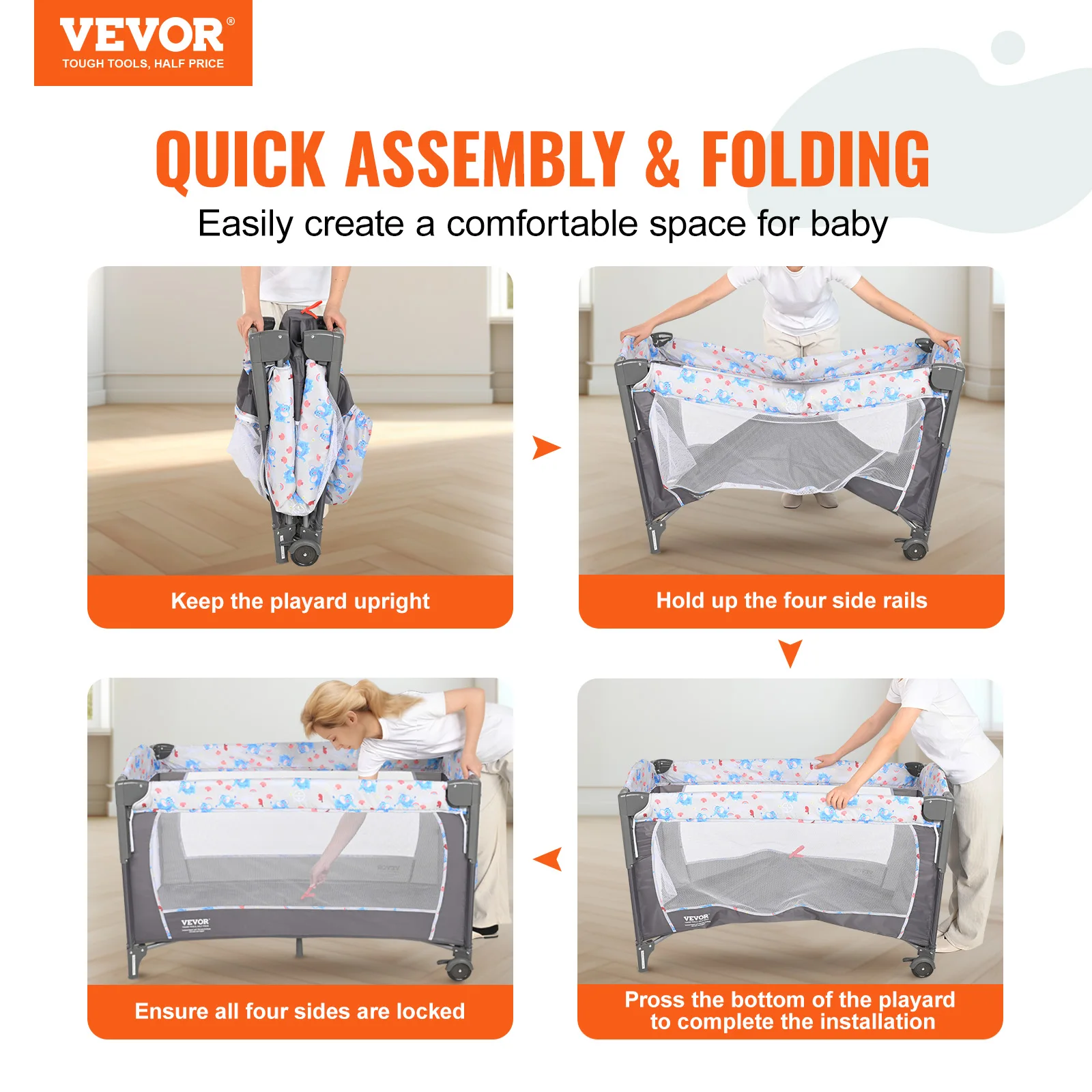 VEVOR Baby Bassinet 77 pounds Load Capacity Easy to Fold Portable Baby Bassinet Bedside Sleeper with Storage Basket and Wheels