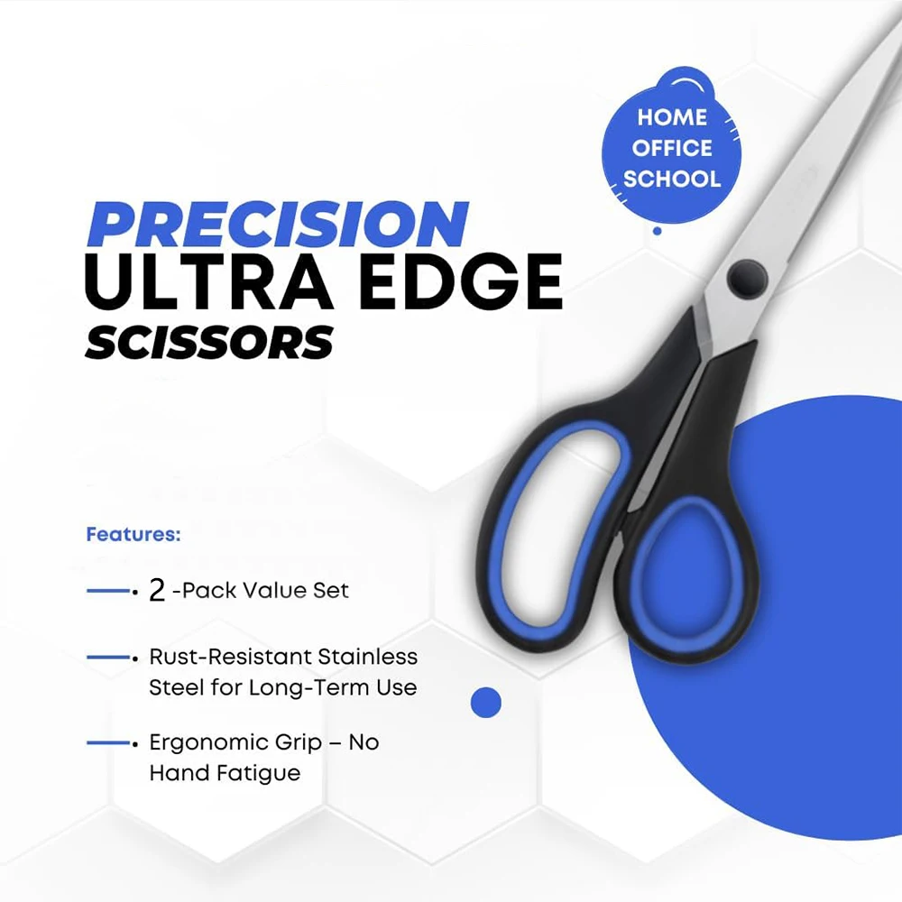 Ambidextrous Heavy Duty Scissors 2 Pack, Thickened Sharp Anti-slip Grips for School Kitchen Household Fabric Craft Cutting