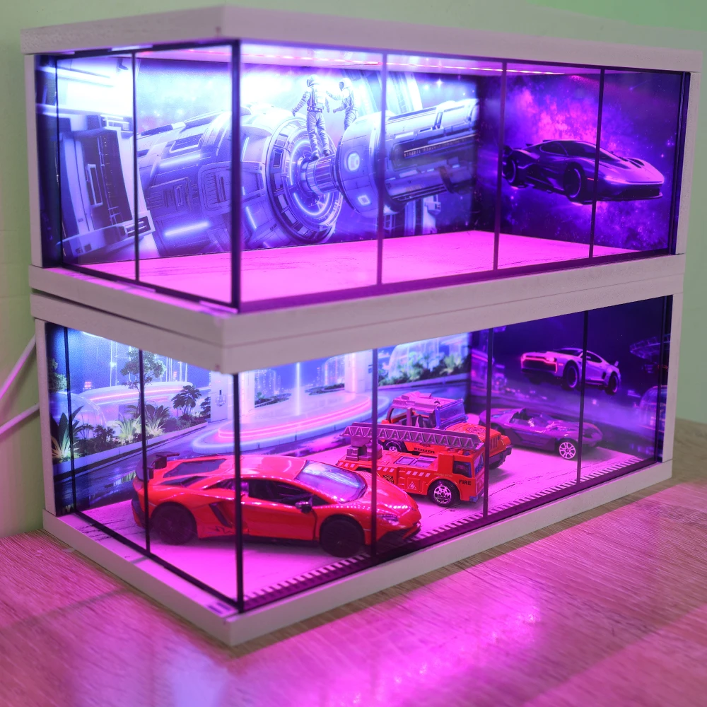 1:64 Auto Garage Diorama Modellen Auto Display Box Usb LED Verlichting Gesimuleerde Garage Miniaturen Parkeerplaatsen Scène voor Verzameldoos