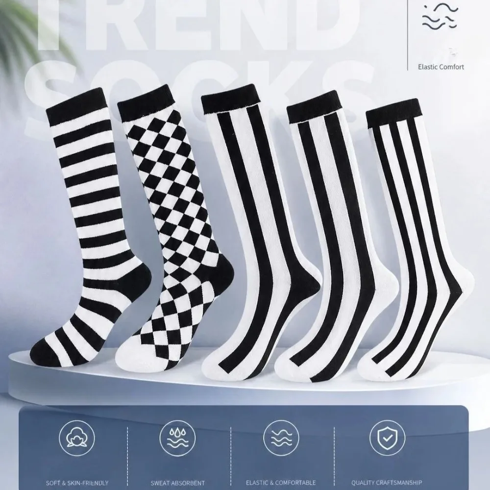 Halloween Black and White Striped Diamond Grid Socks Party Dress Breathable Sweat Absorbing Long Socks