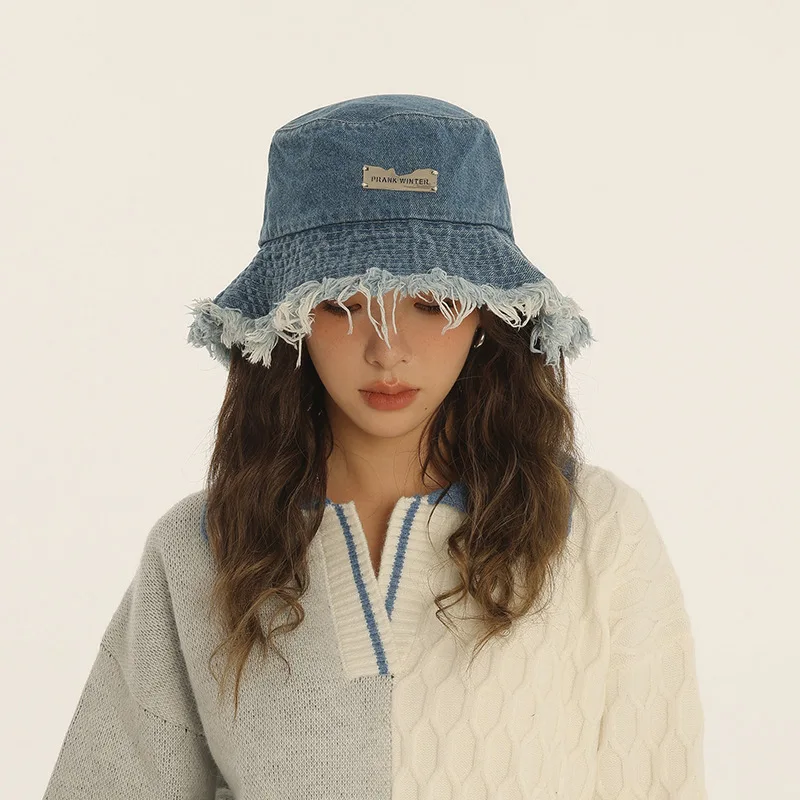 Fashion Washed Raw Edge Denim Bucket Hats for Women's  Summer Beach Travel Foldable Sunshade Fisherman Hat for Men Fishing Caps