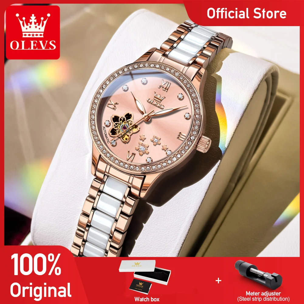 

OLEVS 7074 Ladies Watches Top Luxury Brand Automatic Mechanical Watch Waterproof Luminous Ceramics Strap Watch Set Box New Reloj