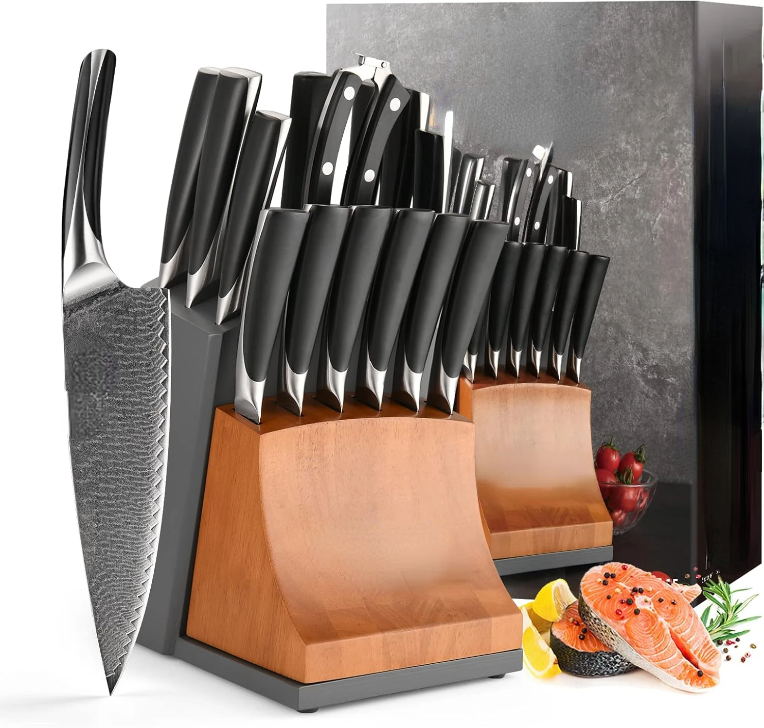 15-Piece Damascus Kitchen Knife Set with Block, ABS Ergonomic Handle for Chef Knife Set, Carving Fork