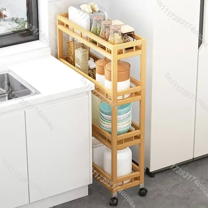 Multi Tier Bamboo Storage Shelf Narrow Rolling Floor Standing Rack Mobile Organizer for Kitchen Bathroom
