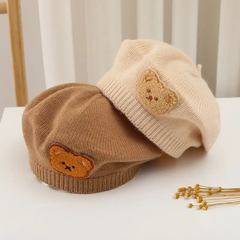 Korean Baby Beret Hats for Boys Girls Cartoon Bear Autumn Winter Knitted Toddler Hat Warm Infant Beanie Kids Accessories 2024