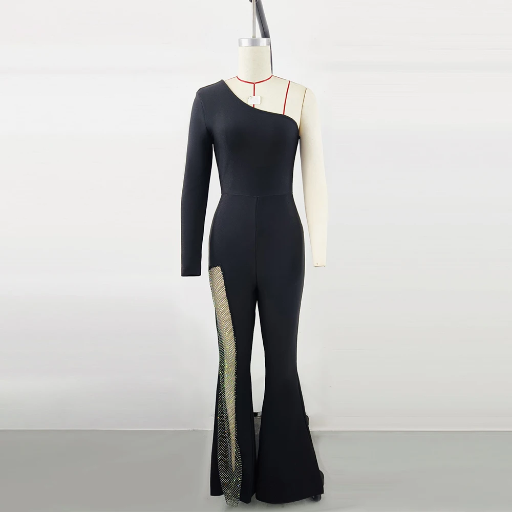 

Chic One Sleeve Mesh Inset Flare Jumpsuit Sexy High Waist Rhinestone Romper Birthday Prom Graduation Cocktail Party Club Outfits