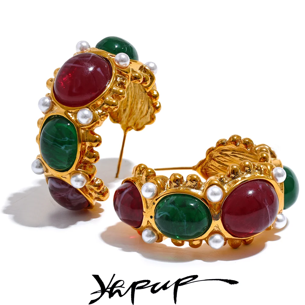 Yhpup ze stali nierdzewnej w kształcie litery C francuskie kolczyki z amuletem biżuteria Vintage czerwony zielony kamień z żywicy imitacje pereł złoty kolor Bijoux