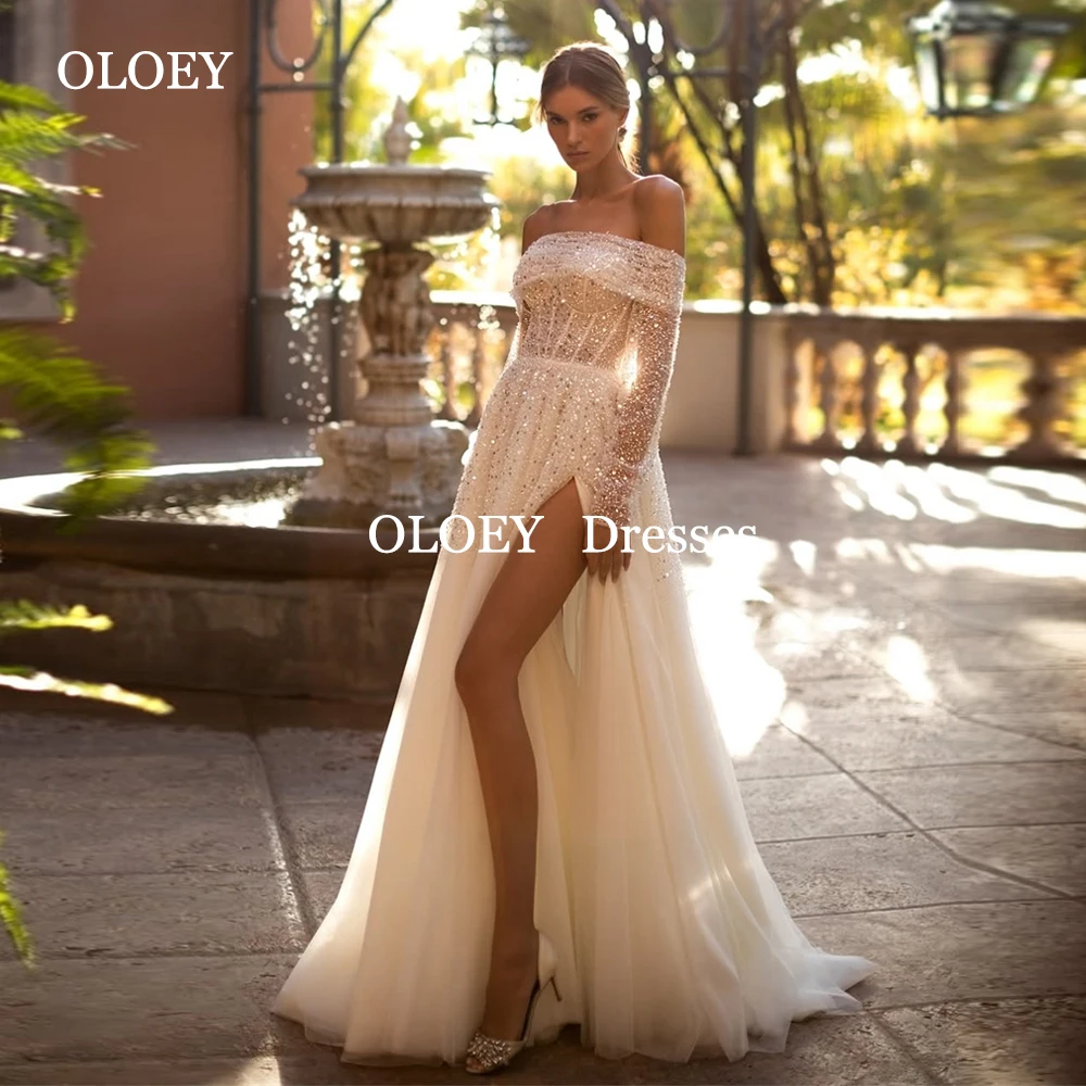 

OLOEY Luxury Beads Lace A Line Wedding Dresses Floor Length Off Shoulder Bride Gown Sweetheart Corset Customized Robe de mariage