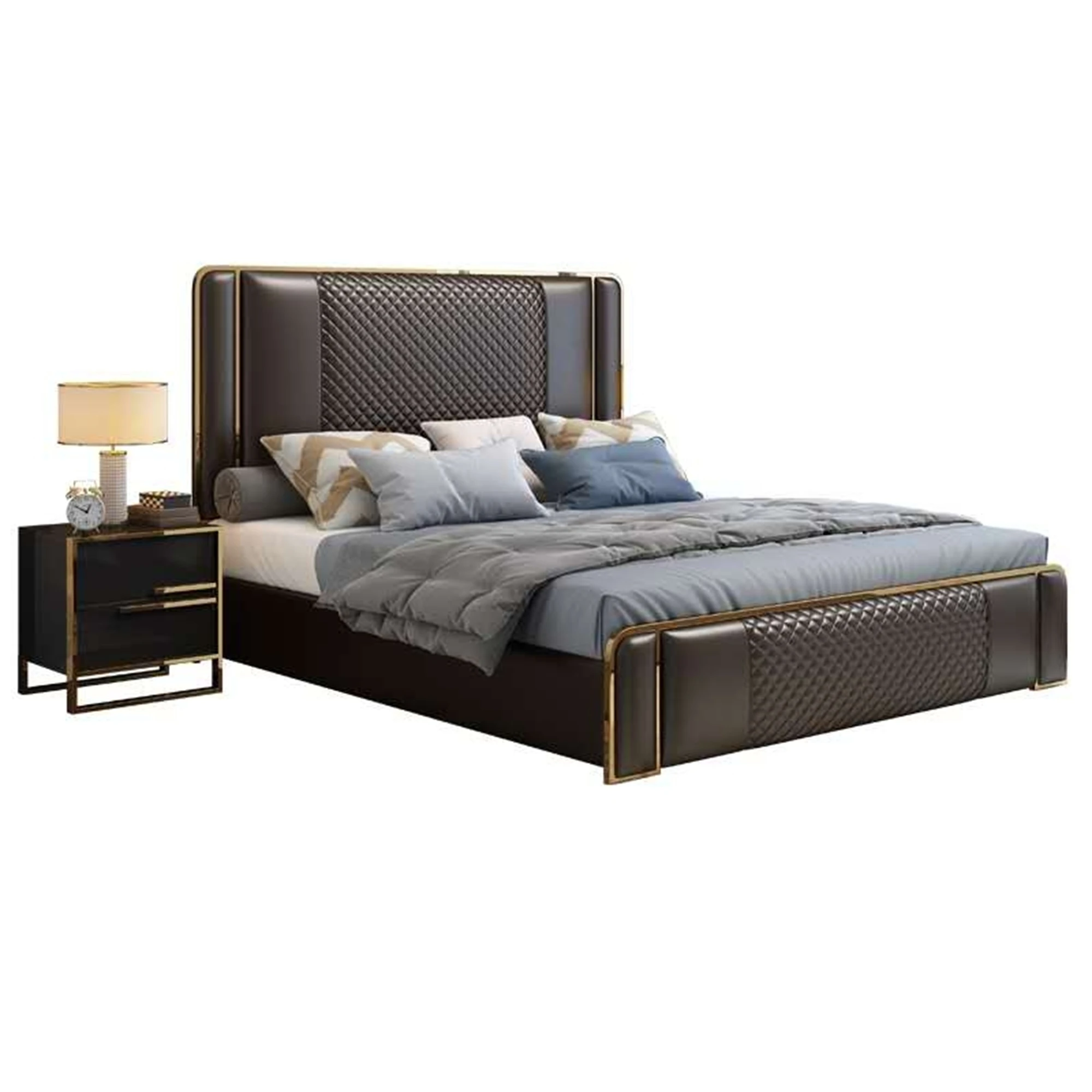 Cama King Size con Armazón Dorado xj-Gold, Tapizada en Cuero Color Marrón, con Espacio de Almacenamiento*
