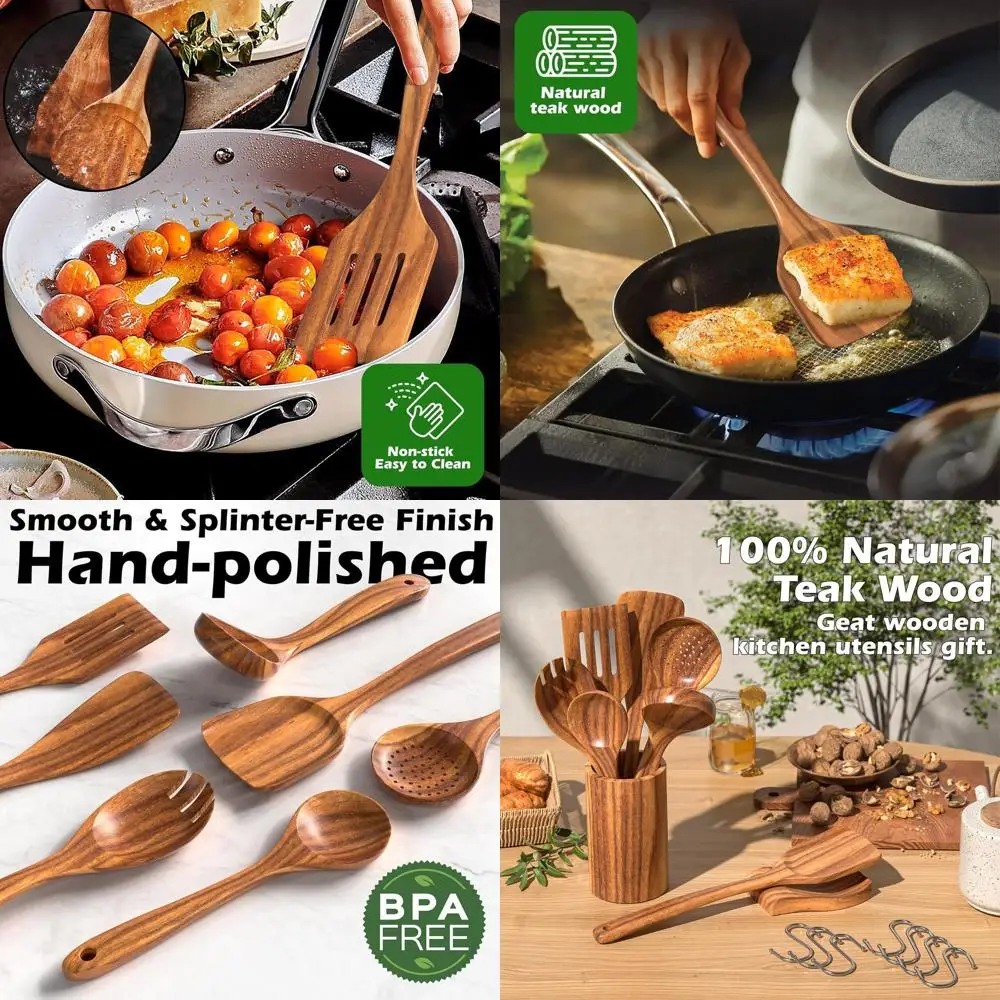 

10-Piece Natural Teak Wood Cooking Utensil Set with Holder for Nonstick Cookware