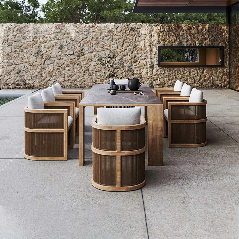 #Outdoor Patio Garden Rope Weaving Tables And Chairs Hotel Villa Patio Aluminum Alloy Table Resorts Waterproof Metal Long Table