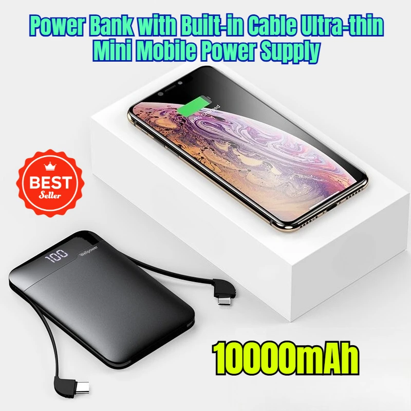 

Power Bank with Built-in Cable Ultra-thin Mini 10000mAh Mobile Power Supply