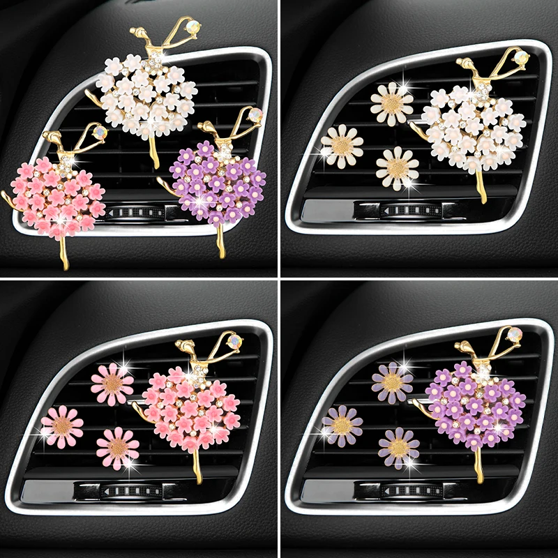 

Rhinestone Ballet Girls and Flowers Car Air Vent Clip Outlet Clip Auto Air Freshener Vent Clips Decorative Bling Car Accessories