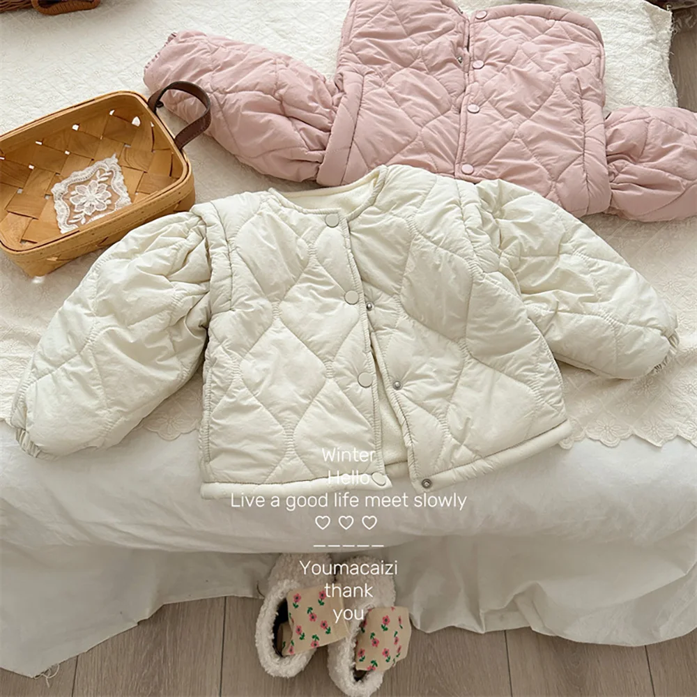 Winter Kids Girls Quilted Jackets Casual Loose Velvet Cotton Padded Coats Baby Kids O-neck Single Breasted Thick Warm Jacket