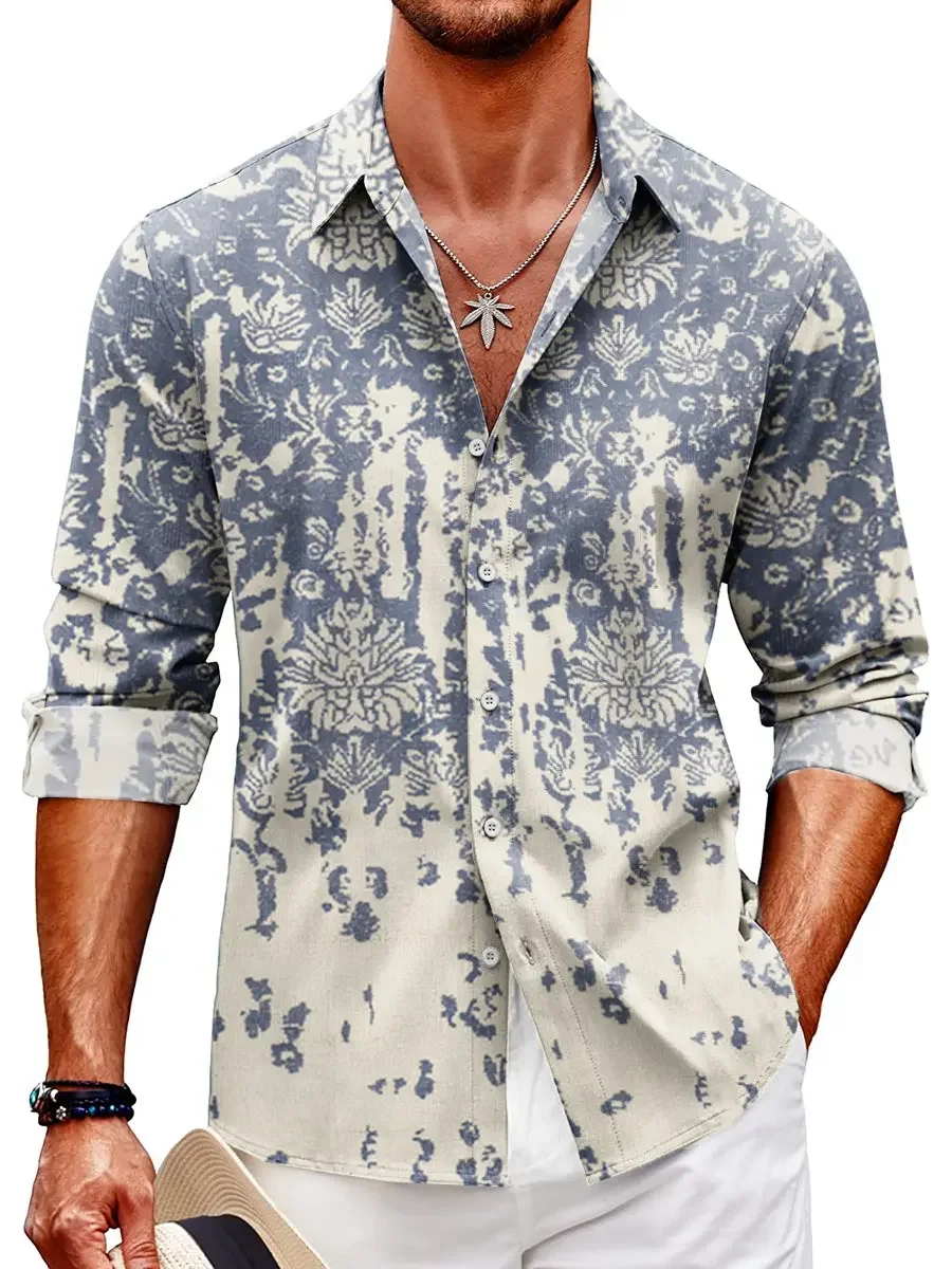 2025 Men's Floral Print Long Sleeve Shirt Fashion Design Luxury Long Sleeve Tops Men's Four Seasons Button Lapel Shirt