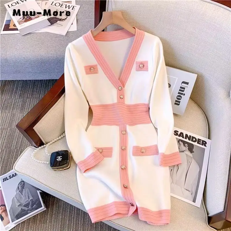 

Luxury Sweet Style Long Sleeve Patchwork Knitted Midi Dresses 2025 Spring Women Elegant V-neck A-Line Slim Fit Knitting Dress