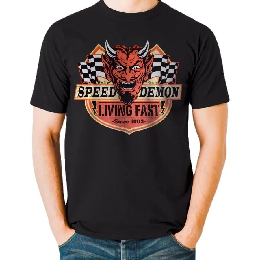 

Speed Demon, Living Fast. Devil Face Retro Hot Rod Rockabilly T-Shirt. Summer Cotton Short Sleeve O-Neck Mens T Shirt New S-3XL