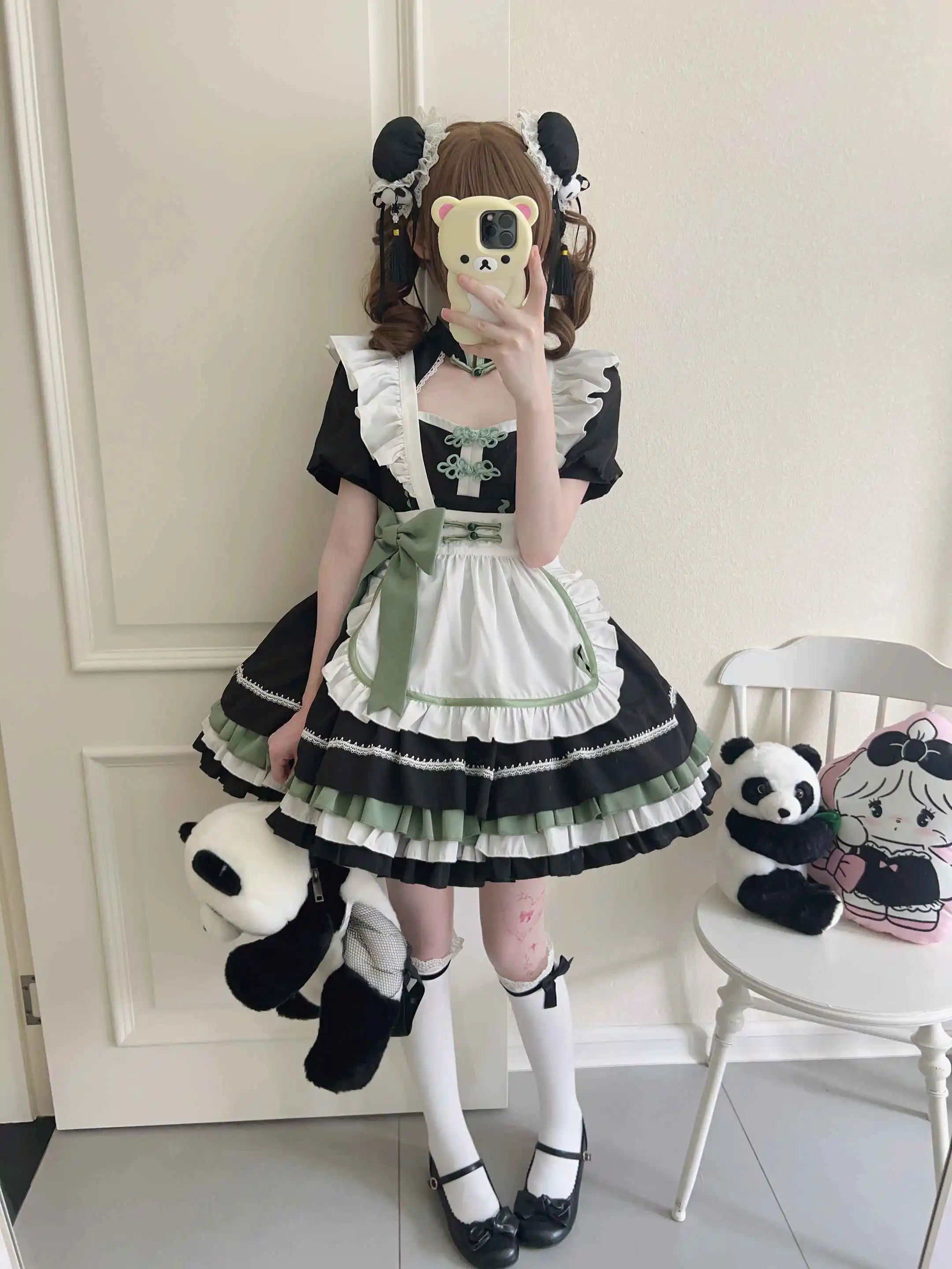 Lolita Maid Dress 2024 New Summer Chinese Style Women Cute Girls Short Sleeve Buckle Op Dress with Apron Leg Warmer Outfits