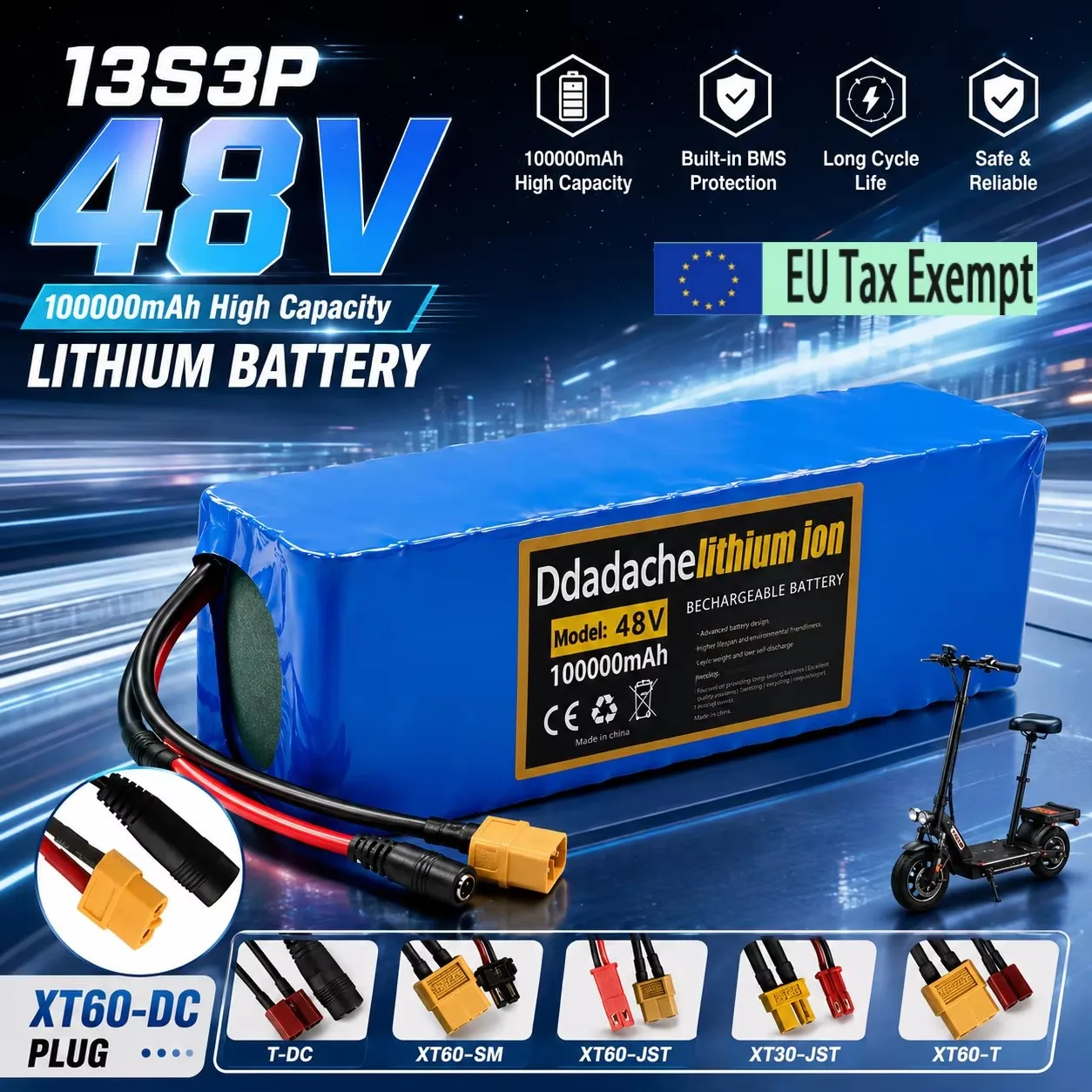 48V 100Ah 13S3P 18650 Li-Ionen-Akku mit integriertem BMS 2000W für 54,6V Elektroroller, inklusive 54,6V Ladegerät, Backup-Ersatzakku