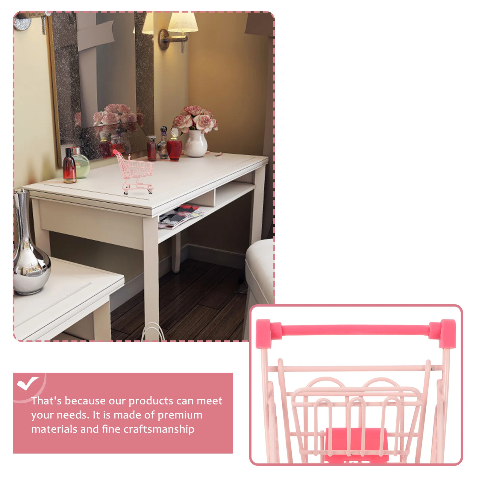 

Mini Shopping Trolley Iron Plastic Durable Smooth Edges Simulation Shopping Cart Design Decor Holder for Fruit Flower Cosmetics