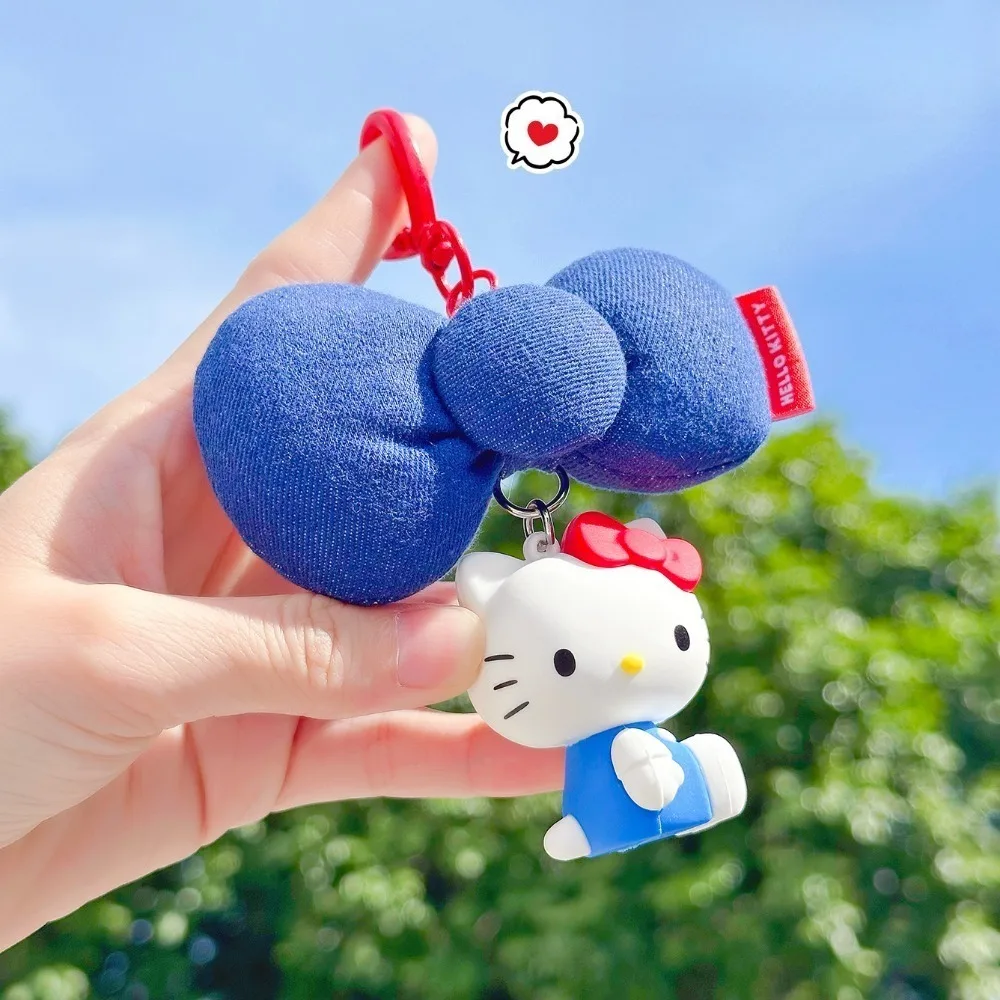 Sanrio Authentic Hello Kitty Denim Bow Series Keychain Cute Bag Pendant Car Key Chain Girl Phone Lanyard Charm Hanging Chain view 4