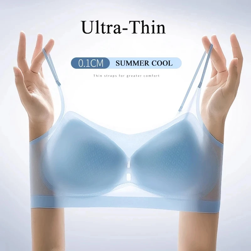 Ultra-thin breathable ice silk bra Women's underwear seamless halter vest U-shaped back pull togethe