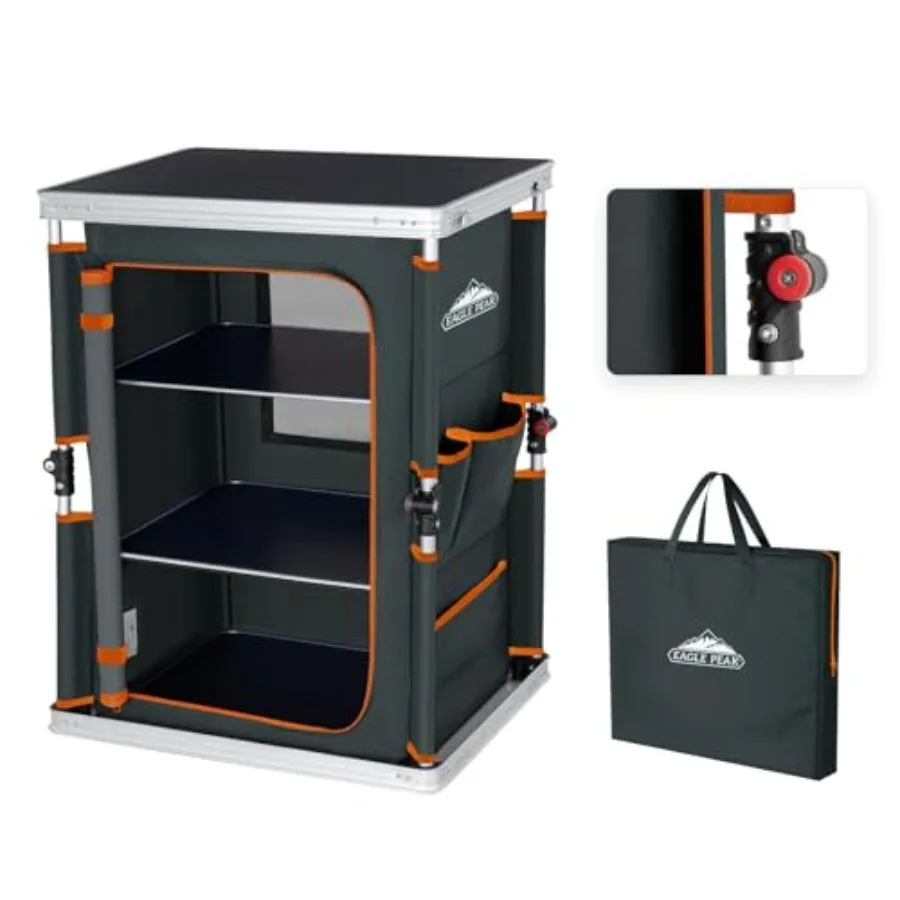 

Outdoor Folding Camping Table with Large 3-Tier Storage Organizer and Side Pockets, Easy Set Up Portable Aluminum Camping Kitch