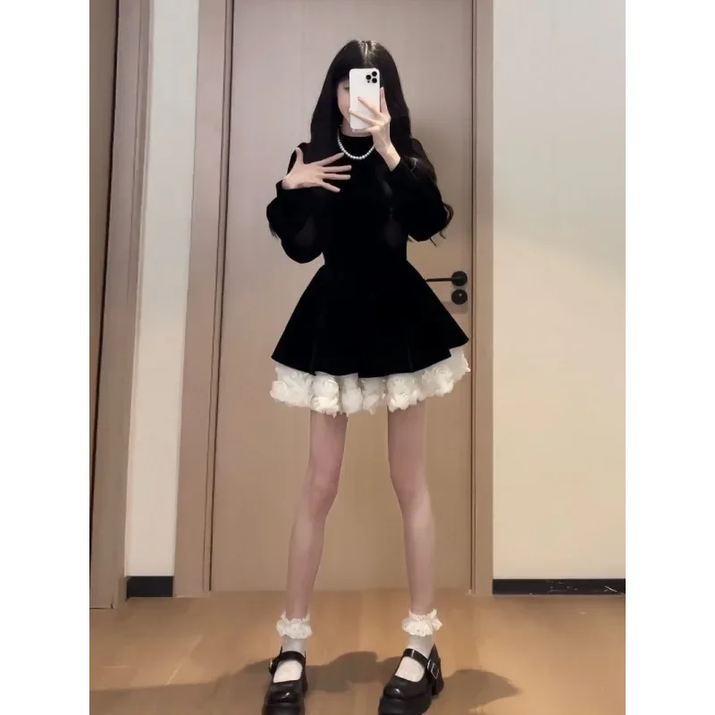 Vestido de Navidad de terciopelo que se pega a la cintura para mujer Otoño Invierno dulce rojo vestido largo antienvejecimiento cuello redondo manga completa hasta el tobillo