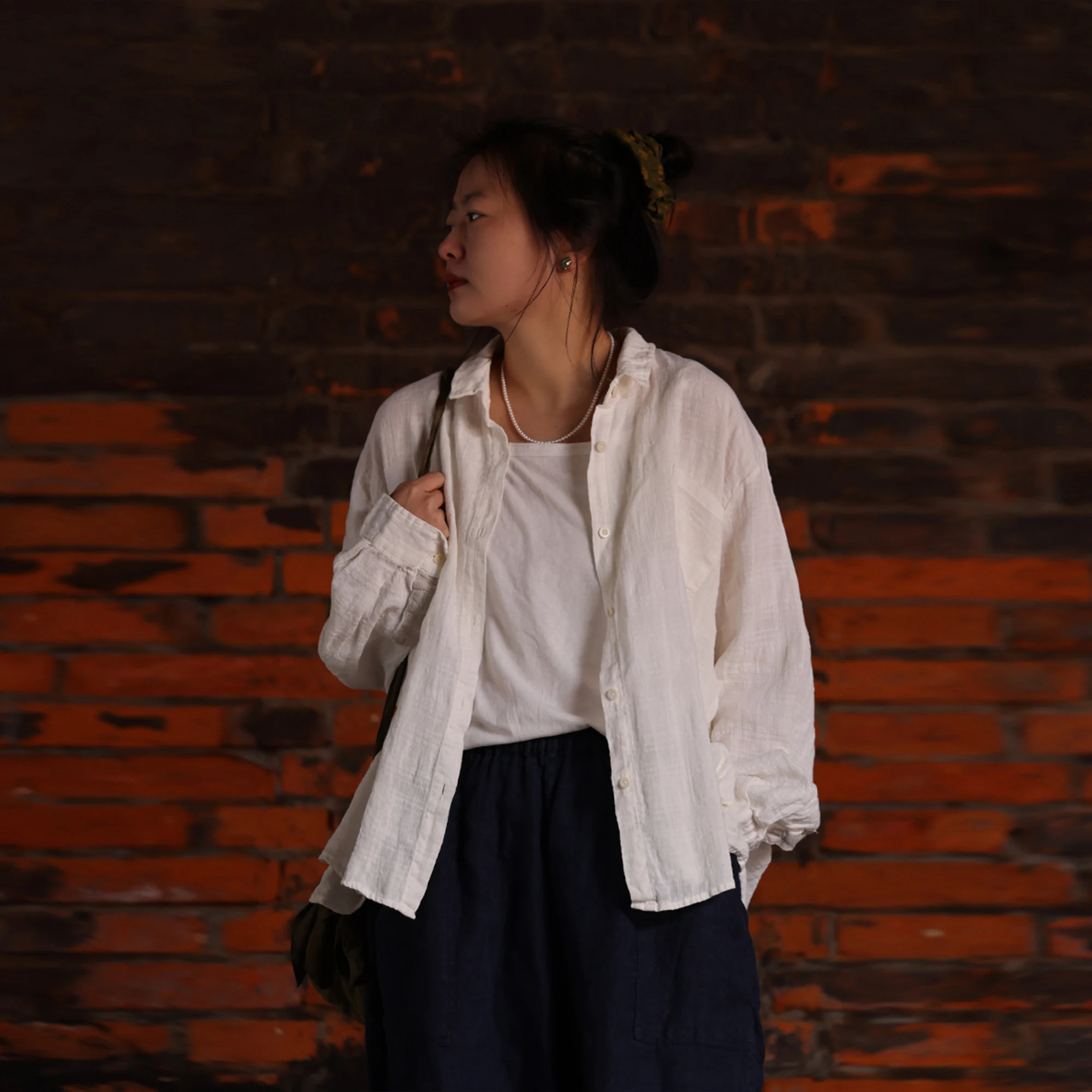 

PengPeng Home 38570 Linen Slimming Floral ket Collar irt Commute Sle Loose Fit Long Sve Pure Color Button down