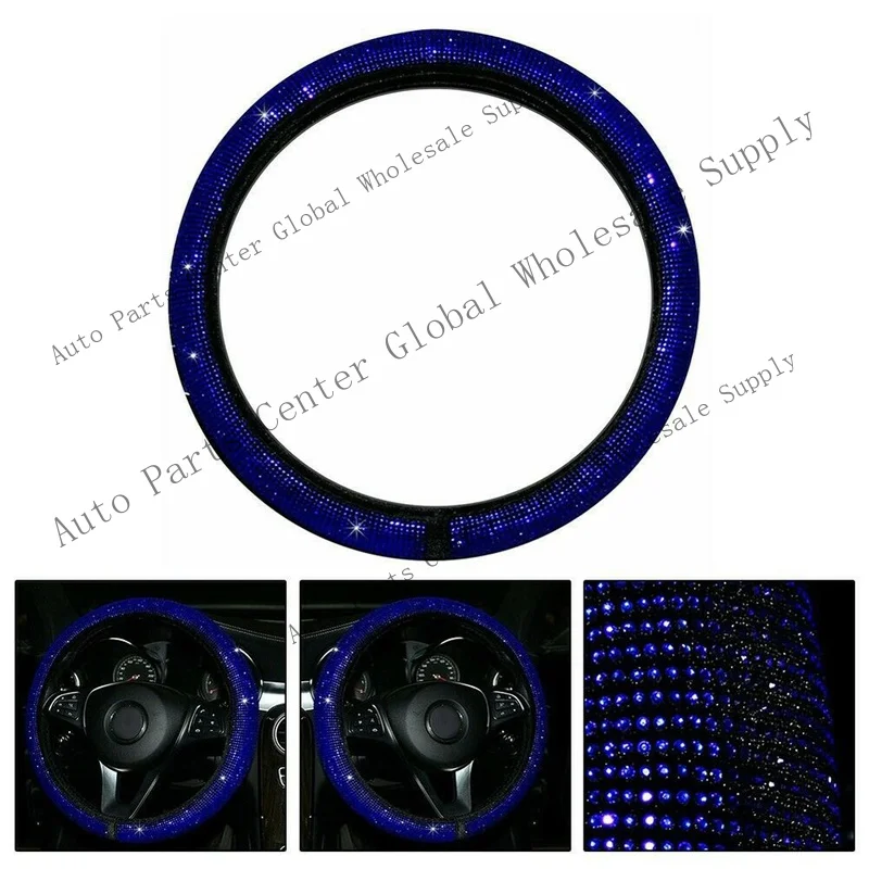 L+ 1pc 15,039;,039; Universal Blue Bling Rhinestone Car Steering Wheel Cover Interior Decor