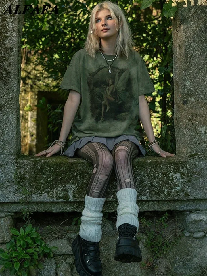 Women's Vintage Tie Dye Print Loose T-shirt Fairy Grunge Clothing Aesthetic  Summer Egirl Gothic Dark Green Elf Graphics Tee Top - AliExpress 200000345