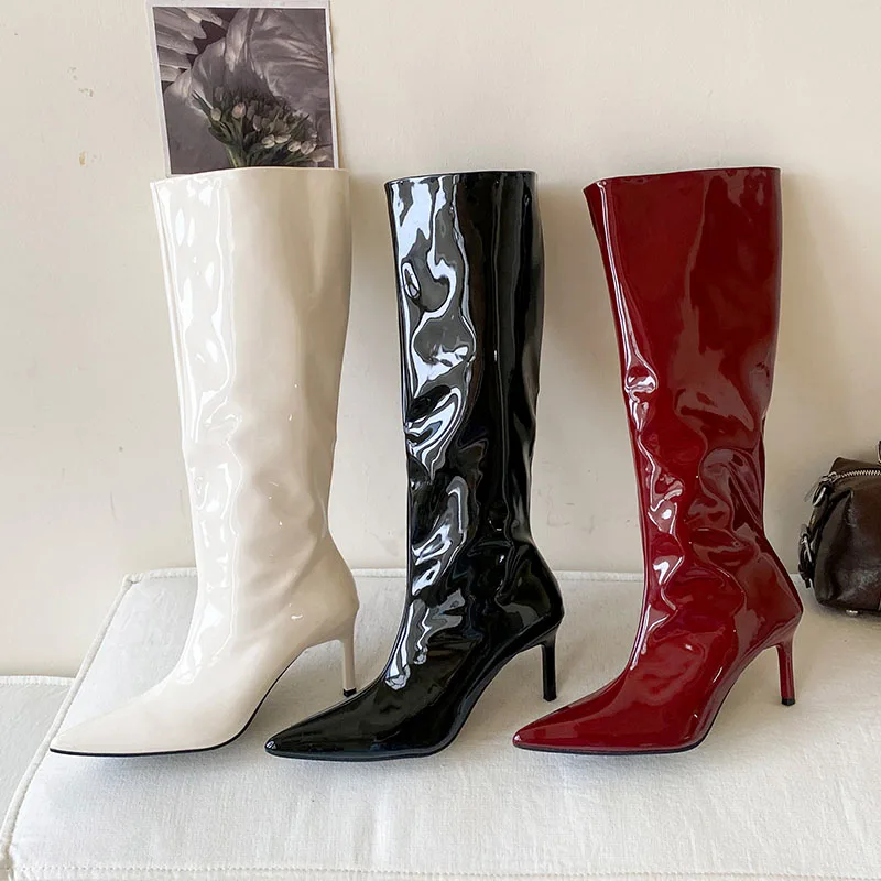 Sexy Fashion Pointed Toe Knee High Boots Luxury Thin Heels Slip On Western New In Women Ladies Long Boots