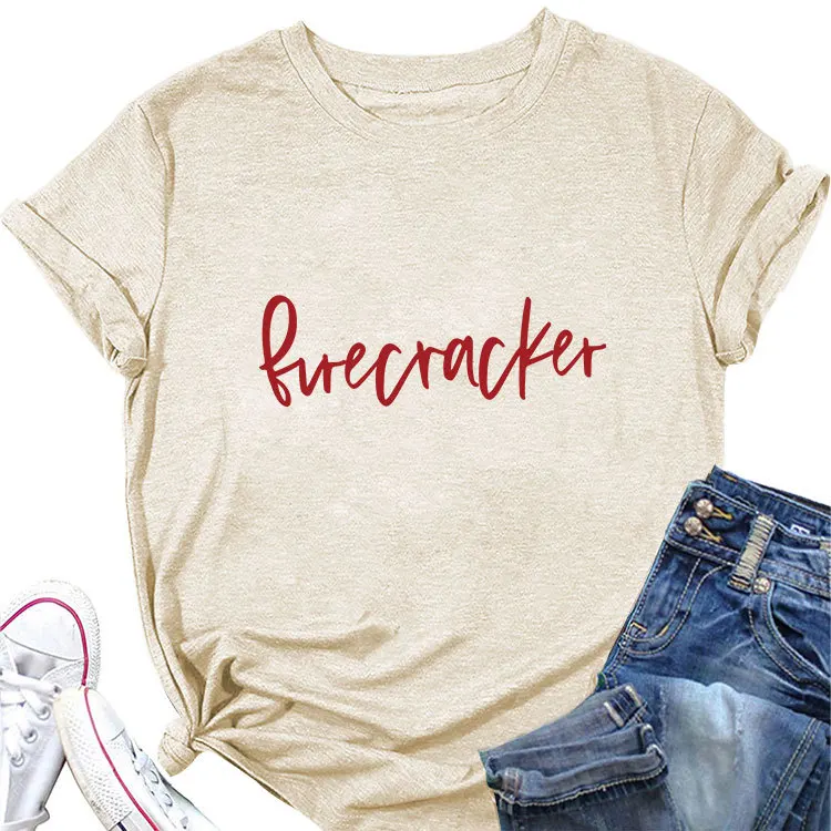 Summer crew neck casual T-shirt firecracker print loose fashion short-sleeved top