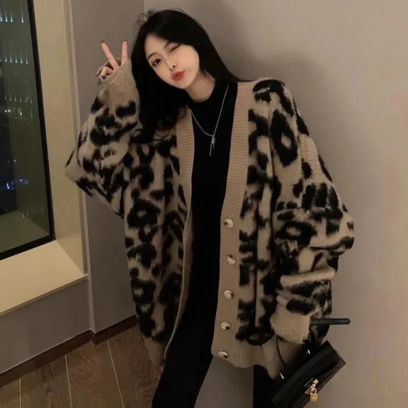 

Осенне-зимняя одежда, куртки-кардиганы большого размера с леопардовым принтом, утепленный Sueter Mujer, корейский модный вязаный свитер